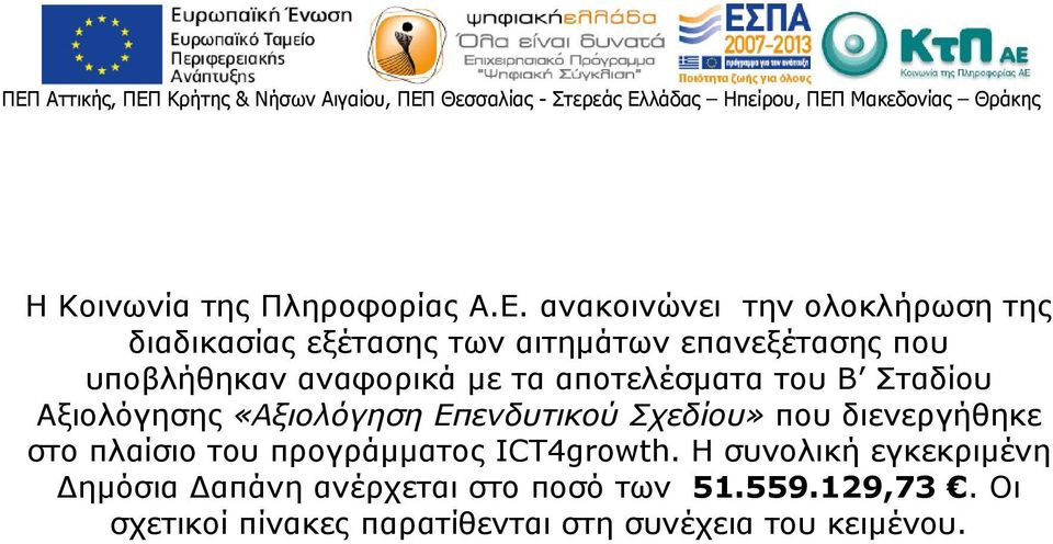 ανακοινώνει την ολοκλήρωση της διαδικασίας εξέτασης των αιτημάτων επανεξέτασης που υποβλήθηκαν αναφορικά με τα αποτελέσματα