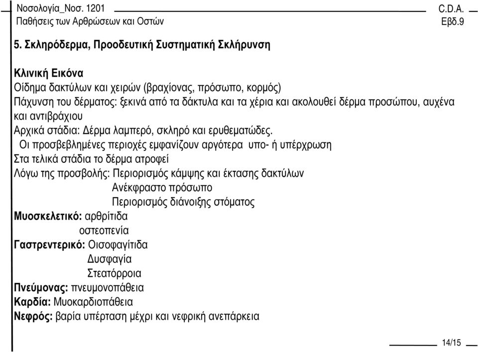 Οι προσβεβληµένες περιοχές εµφανίζουν αργότερα υπο- ή υπέρχρωση Στα τελικά στάδια το δέρµα ατροφεί Λόγω της προσβολής: Περιορισµός κάµψης και έκτασης δακτύλων Ανέκφραστο