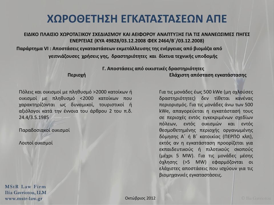 Αποστάσεις από οικιστικές δραστηριότητες Ελάχιστη απόσταση εγκατάστασης Πόλεις και οικισμοί με πληθυσμό >2000 κατοίκων ή οικισμοί με πληθυσμό <2000 κατοίκων που χαρακτηρίζονται ως δυναμικοί,