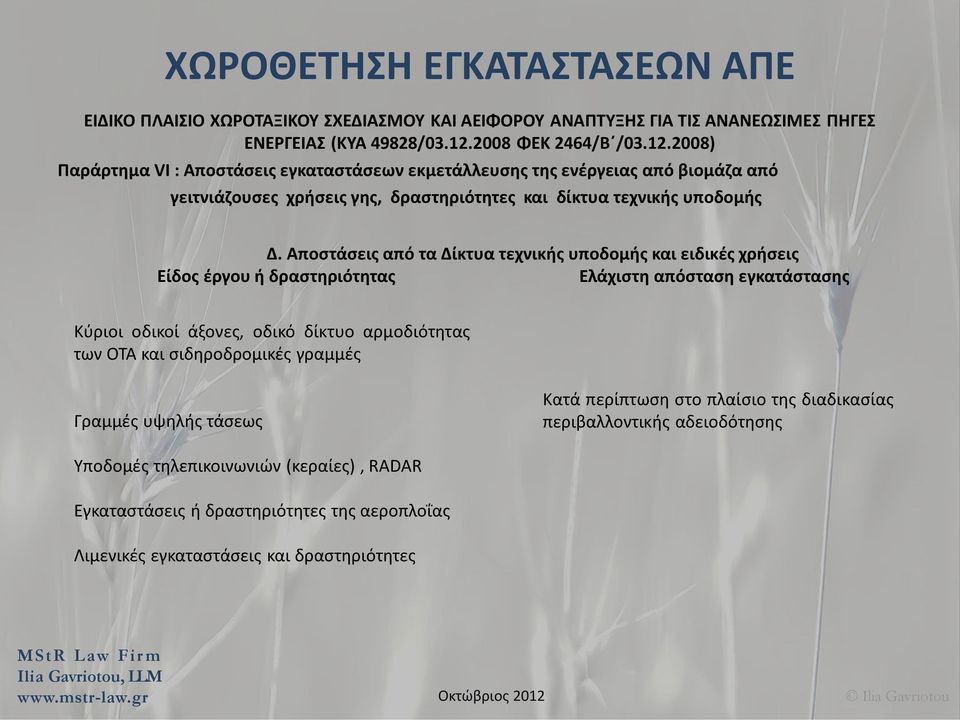 Αποστάσεις από τα Δίκτυα τεχνικής υποδομής και ειδικές χρήσεις Είδος έργου ή δραστηριότητας Ελάχιστη απόσταση εγκατάστασης Κύριοι οδικοί άξονες, οδικό δίκτυο αρμοδιότητας των ΟΤΑ και