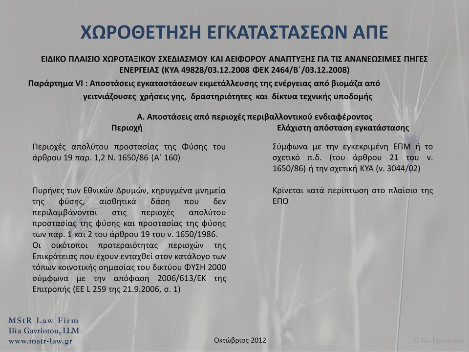 Αποστάσεις από περιοχές περιβαλλοντικού ενδιαφέροντος Περιοχή Ελάχιστη απόσταση εγκατάστασης Περιοχές απολύτου προστασίας της Φύσης του άρθρου 19 παρ. 1,2 Ν.