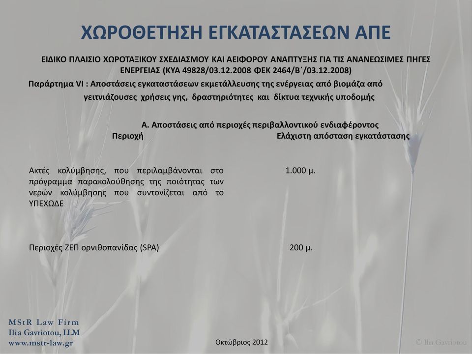 2008) Παράρτημα VΙ : Αποστάσεις εγκαταστάσεων εκμετάλλευσης της ενέργειας από βιομάζα από γειτνιάζουσες χρήσεις γης, δραστηριότητες και δίκτυα τεχνικής