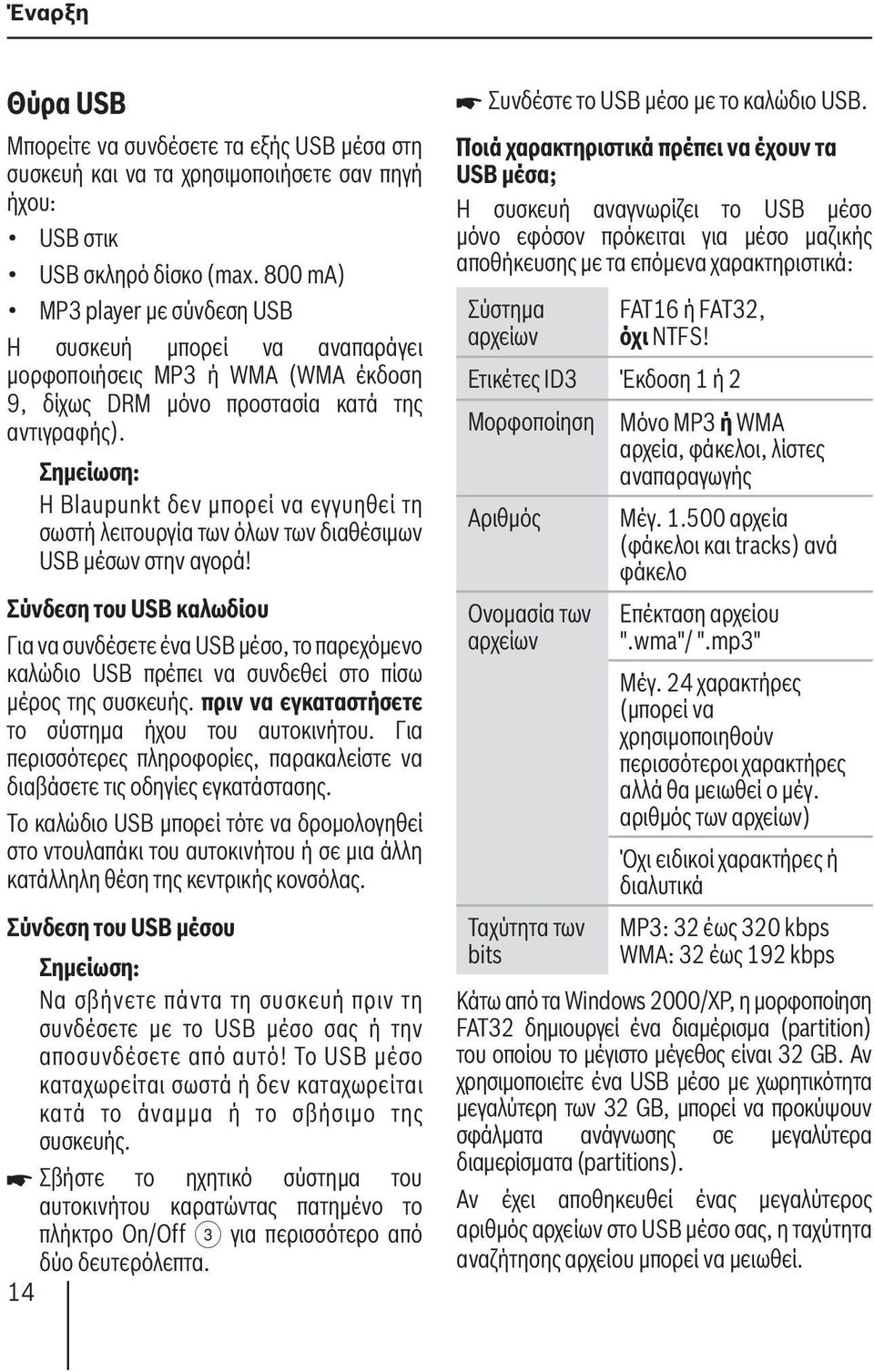 Η Blaupunkt δεν μπορεί να εγγυηθεί τη σωστή λειτουργία των όλων των διαθέσιμων USB μέσων στην αγορά!