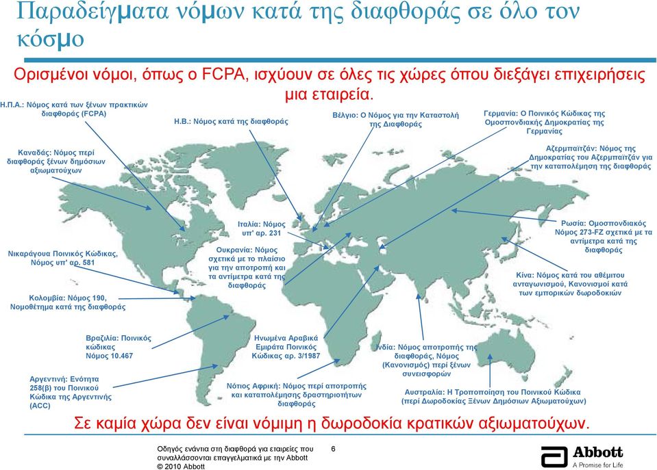 : Νόμος κατά της διαφθοράς Βέλγιο: Ο Νόμος για την Καταστολή της ιαφθοράς Γερμανία: Ο Ποινικός Κώδικας της Ομοσπονδιακής ημοκρατίας της Γερμανίας Καναδάς: Νόμος περί διαφθοράς ξένων δημόσιων