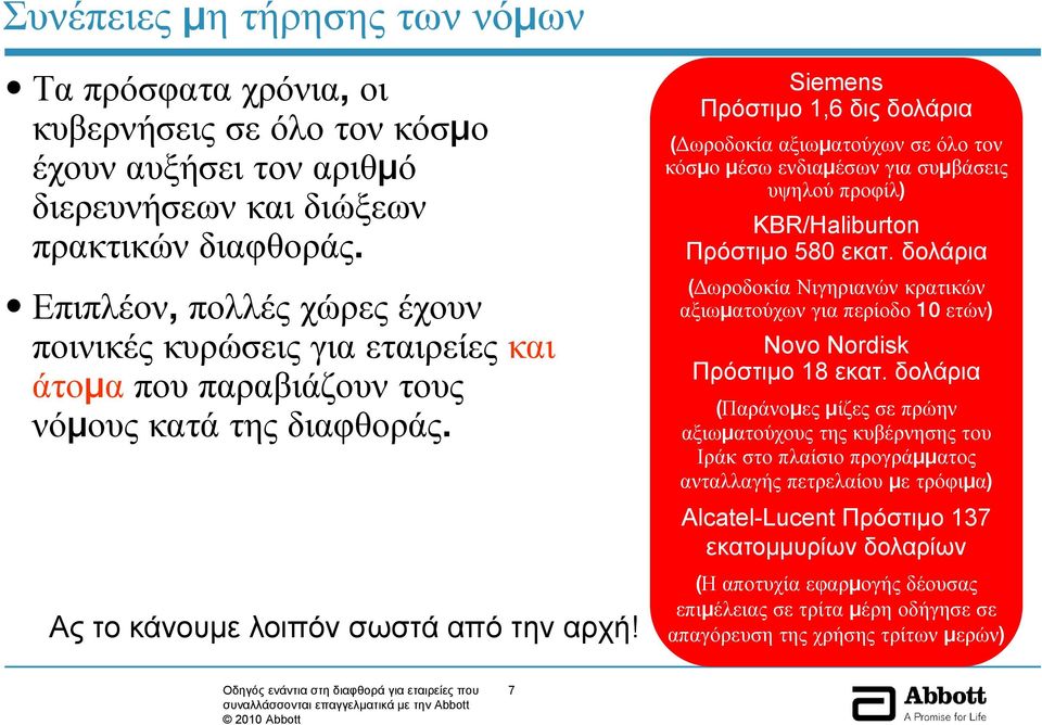 Siemens Πρόστιμο 1,6 δις δολάρια (Δωροδοκία αξιωματούχων σε όλο τον κόσμο μέσω ενδιαμέσων για συμβάσεις υψηλού προφίλ) KBR/Haliburton Πρόστιμο 580 εκατ.