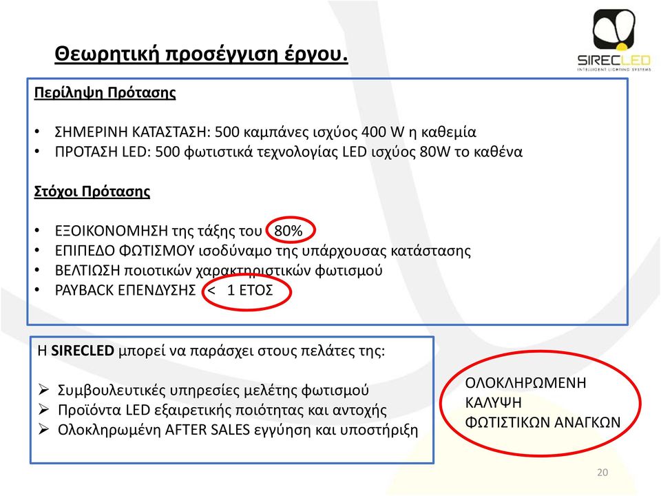 Στόχοι Πρότασης ΕΞΟΙΚΟΝΟΜΗΣΗ της τάξης του 80% ΕΠΙΠΕΔΟ ΦΩΤΙΣΜΟΥ ισοδύναμο της υπάρχουσας κατάστασης ΒΕΛΤΙΩΣΗ ποιοτικών χαρακτηριστικών