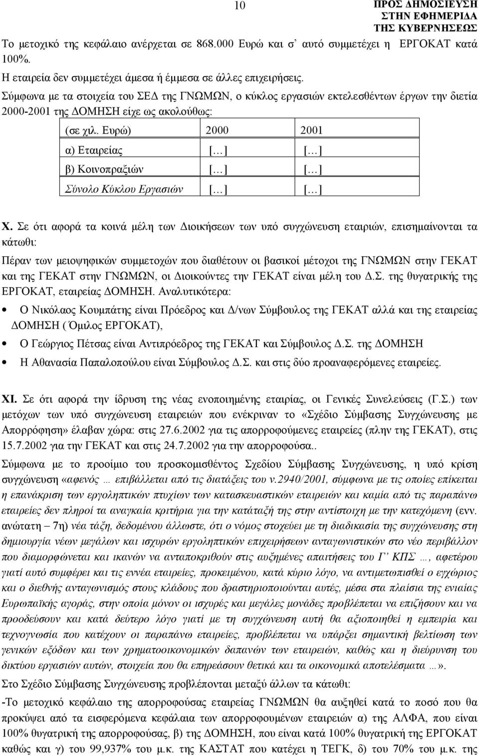 Ευρώ) 2000 2001 α) Εταιρείας [ ] [ ] β) Κοινοπραξιών [ ] [ ] Σύνολο Κύκλου Εργασιών [ ] [ ] Χ.