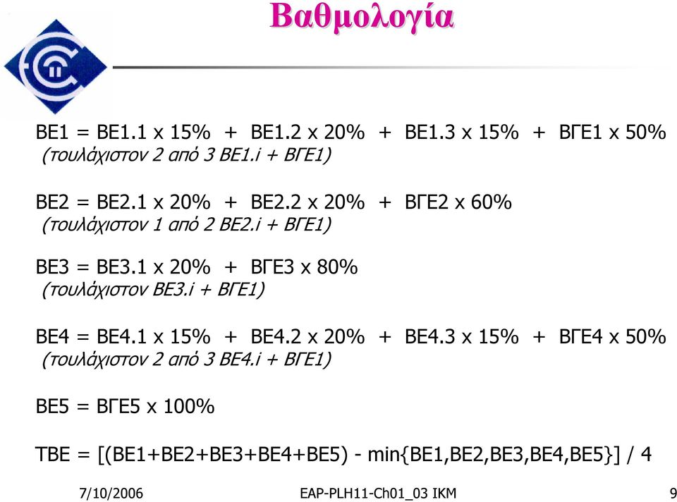 1 x 20% + BΓΕ3 x 80% (τουλάχιστον ΒΕ3.i + BΓΕ1) BE4 = BΕ4.1 x 15% + BE4.2 x 20% + BE4.