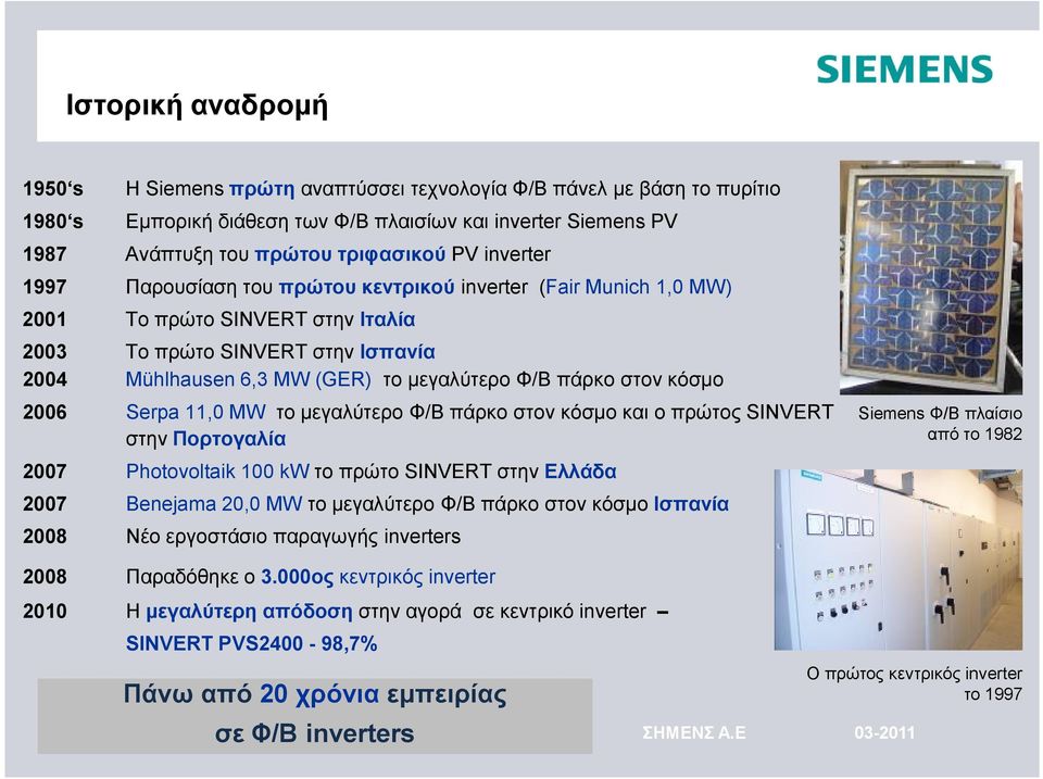 στον κόσμο 2006 Serpa 11,0 MW το μεγαλύτερο Φ/Β πάρκο στον κόσμο και ο πρώτος SINVERT στην Πορτογαλία 2007 Photovoltaik 100 kw το πρώτο SINVERT στην Ελλάδα 2007 Benejama 20,0 MW το μεγαλύτερο Φ/Β