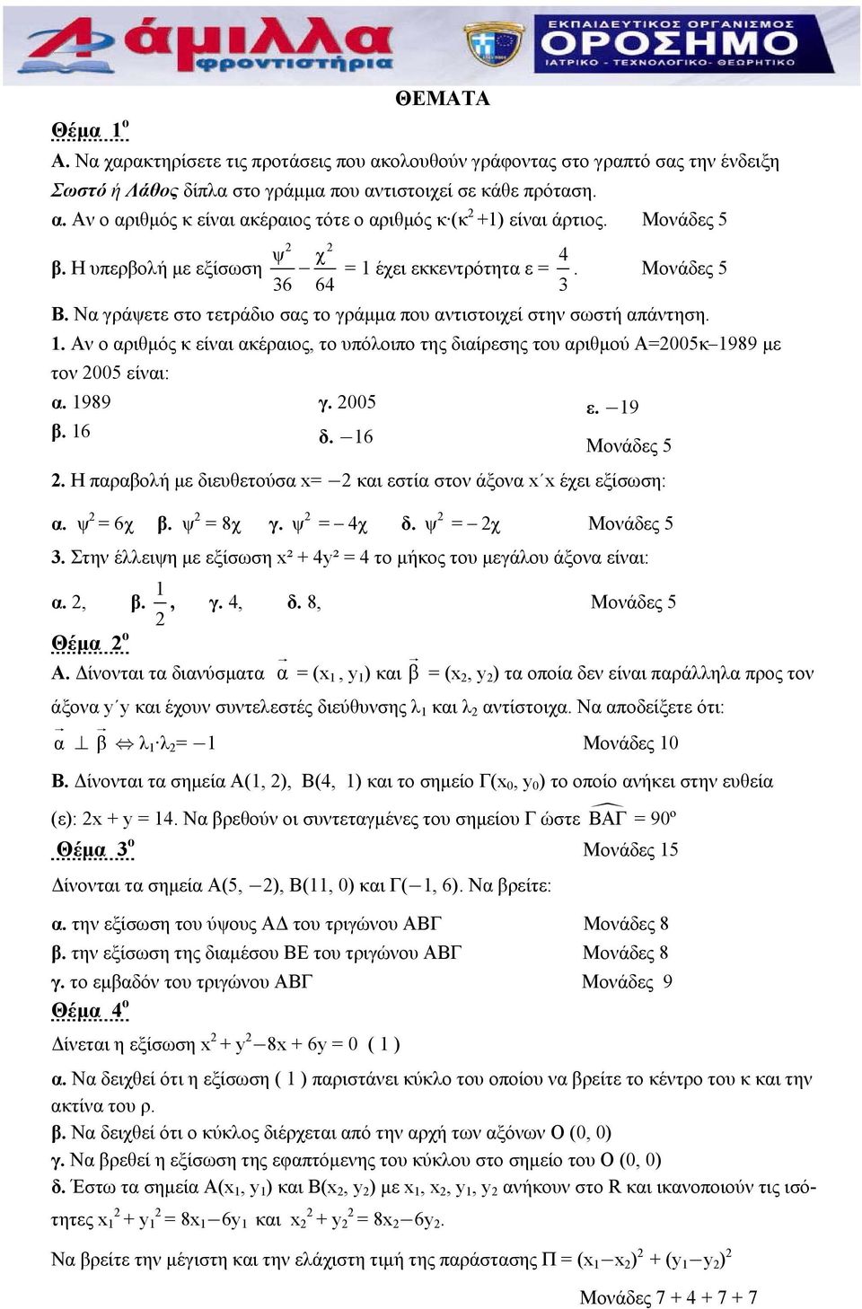 1989 γ. 005 ε. 19 β. 16 δ. 16 Μονάδες 5. Η παραβολή με διευθετούσα x= και εστία στον άξονα x x έχει εξίσωση: α. ψ = 6χ β. ψ = 8χ γ. ψ = 4χ δ. ψ = χ Μονάδες 5 3.