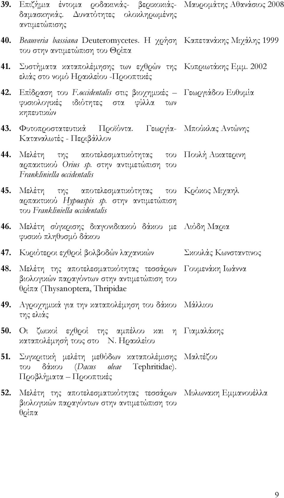 Φυτοπροστατευτικά Προϊόντα. Γεωργία- Καταναλωτές - Περιβάλλον 44. Μελέτη της αποτελεσματικότητας του αρπακτικού Orius sp. στην αντιμετώπιση του Frankliniella occidentalis 45.