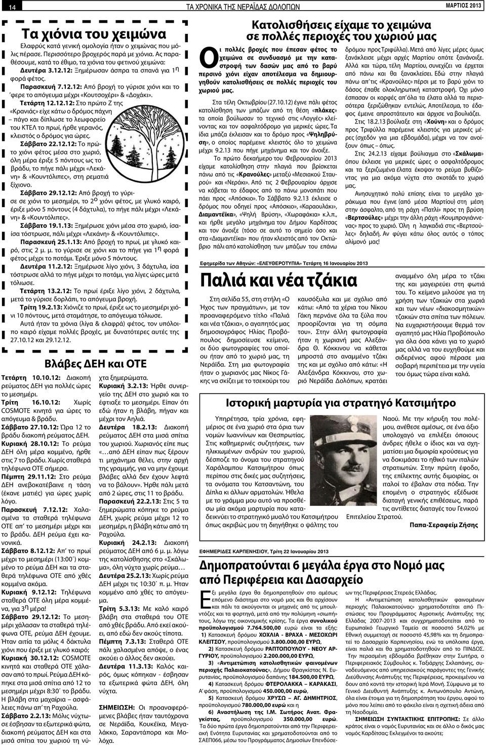 Σάββατο 22.12.12: Το πρώτο χιόνι φέτος μέσα στο χωριό, όλη μέρα έριξε 5 πόντους ως το βράδυ, το πήγε πάλι μέχρι «Λεκάνη» & «Κουντόλιπες», στη ρεματιά ξίχιονο. Σάββατο 29.12.12: Από βροχή το γύρισε σε χιόνι το μεσημέρι, το 2 ο χιόνι φέτος, με γλυκό καιρό, έριξε μόνο 5 πόντους (4 δάχτυλα), το πήγε πάλι μέχρι «Λεκάνη» & «Κουντόλιπες».