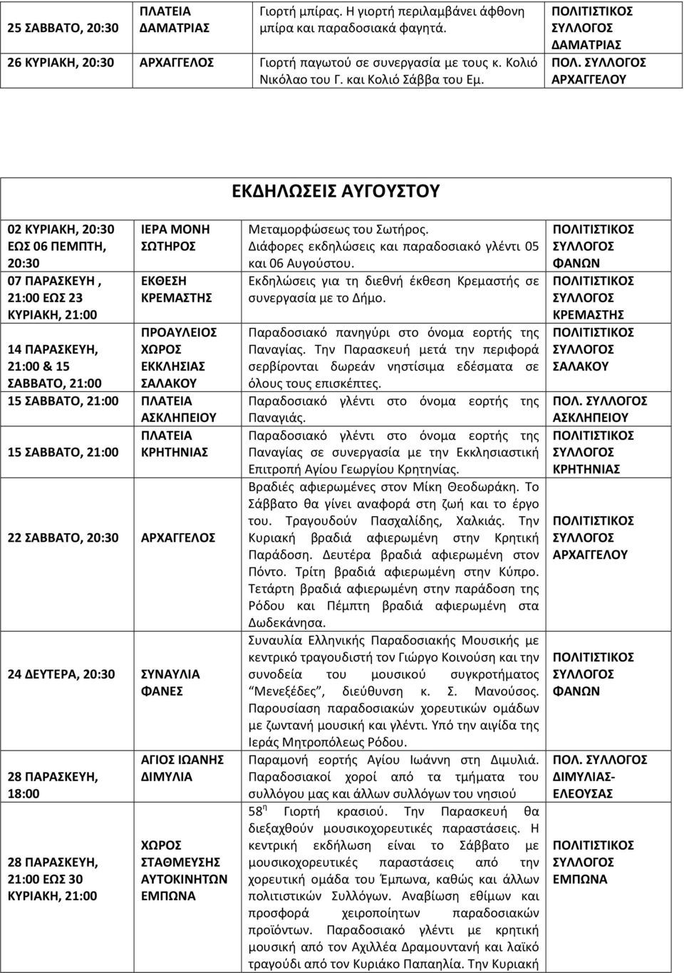 ΕΚΔΗΛΩΣΕΙΣ ΑΥΓΟΥΣΤΟΥ 02 ΚΥΡΙΑΚΗ, 20:30 ΕΩΣ 06 ΠΕΜΠΤΗ, 20:30 07 ΠΑΡΑΣΚΕΥΗ, 21:00 ΕΩΣ 23 ΚΥΡΙΑΚΗ, 21:00 14 ΠΑΡΑΣΚΕΥΗ, 21:00 & 15 ΣΑΒΒΑΤΟ, 21:00 ΙΕΡΑ ΜΟΝΗ ΣΩΤΗΡΟΣ ΕΚΘΕΣΗ ΠΡΟΑΥΛΕΙΟΣ ΧΩΡΟΣ ΕΚΚΛΗΣΙΑΣ 15