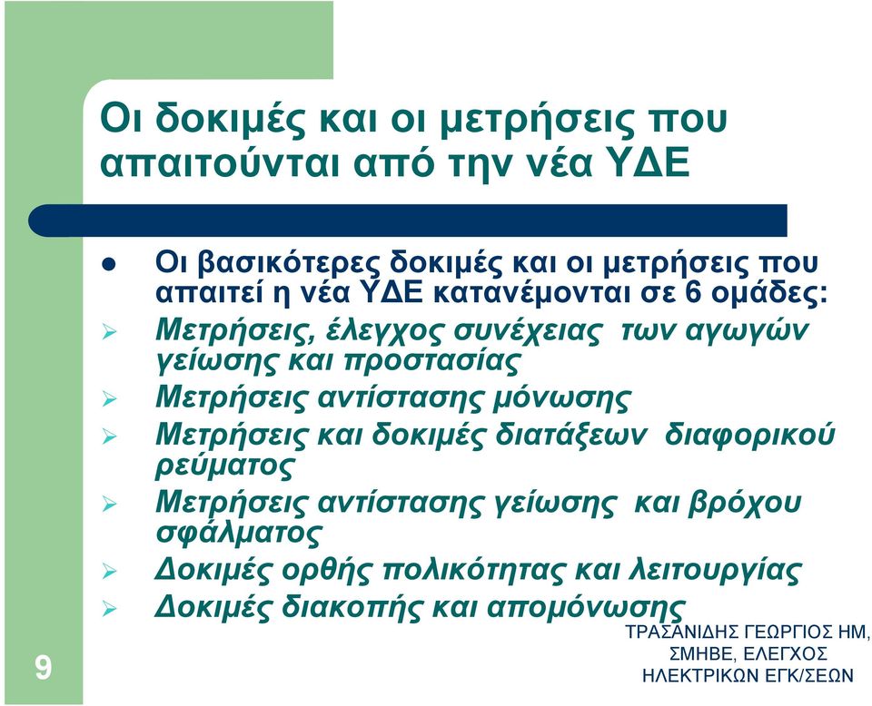 μόνωσης Μετρήσεις και δοκιμές διατάξεων διαφορικού ρεύματος Μετρήσεις αντίστασης γείωσης και βρόχου σφάλματος Δοκιμές