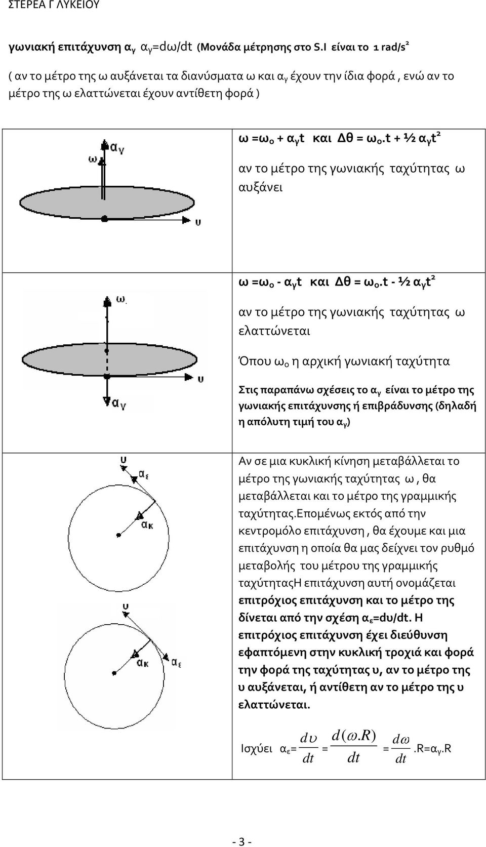 t + ½ α γ t 2 αν το μέτρο της γωνιακής ταχύτητας ω αυξάνει ω =ω ο - α γ t και Δθ = ω ο.