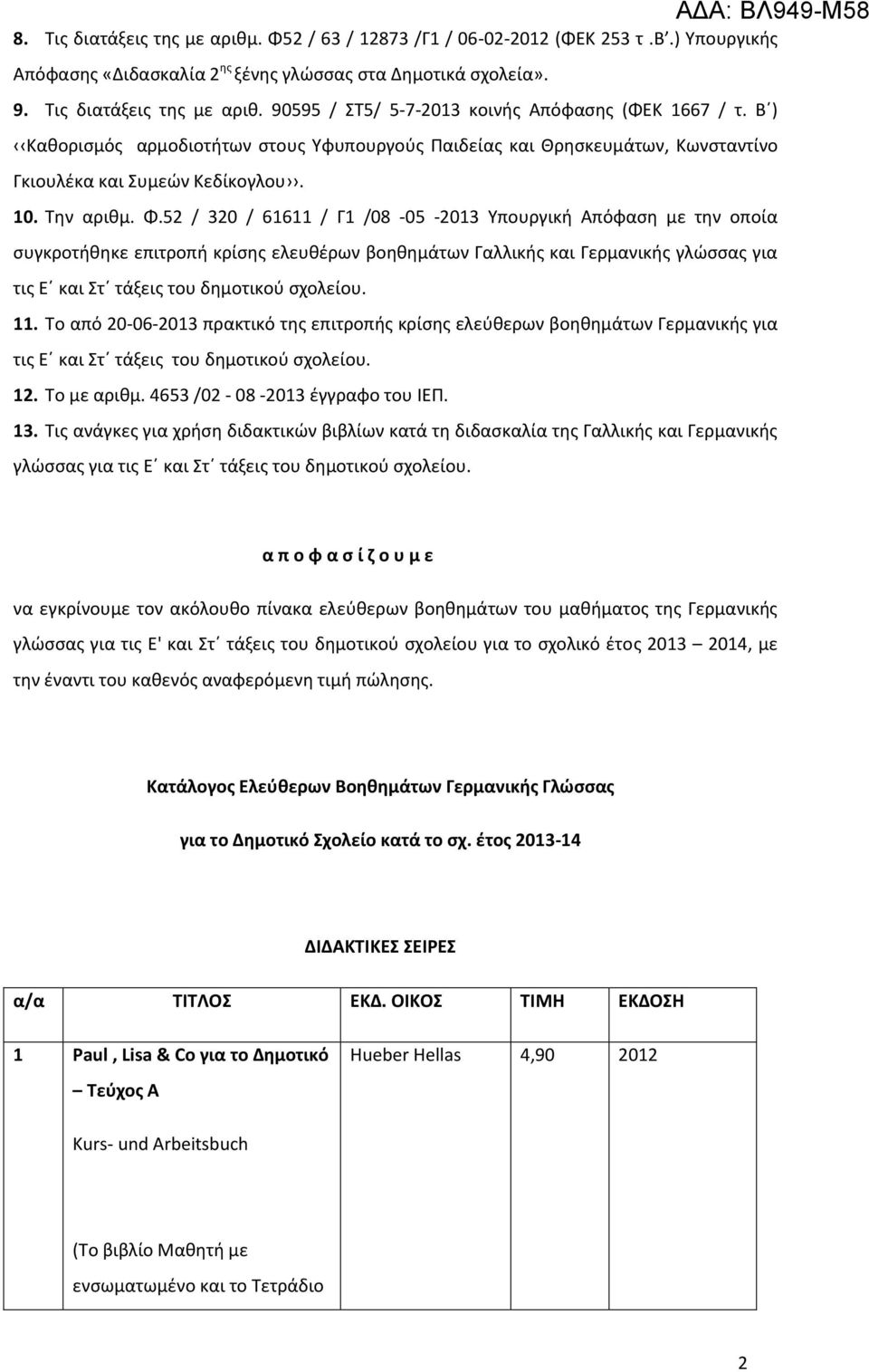 52 / 320 / 61611 / Γ1 /08-05 -2013 Υπουργική Απόφαση με την οποία συγκροτήθηκε επιτροπή κρίσης ελευθέρων βοηθημάτων Γαλλικής και Γερμανικής γλώσσας για τις Ε και Στ τάξεις του δημοτικού σχολείου. 11.