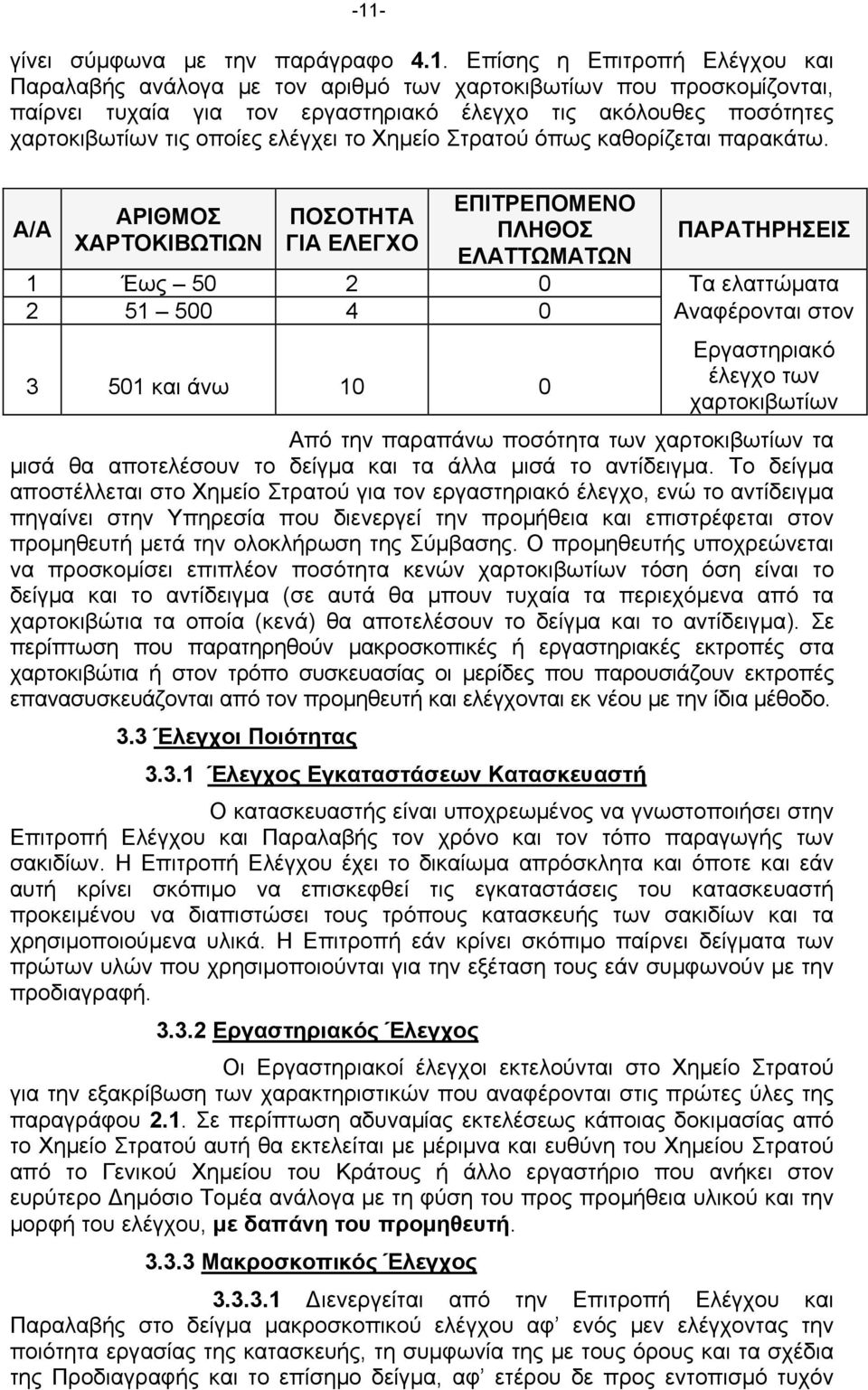 Α/Α ΑΡΙΘΜΟΣ ΧΑΡΤΟΚΙΒΩΤΙΩΝ ΠΟΣΟΤΗΤΑ ΓΙΑ ΕΛΕΓΧΟ ΕΠΙΤΡΕΠΟΜΕΝΟ ΠΛΗΘΟΣ ΕΛΑΤΤΩΜΑΤΩΝ ΠΑΡΑΤΗΡΗΣΕΙΣ 1 Έως 50 2 0 Τα ελαττώματα 2 51 500 4 0 Αναφέρονται στον 3 501 και άνω 10 0 Εργαστηριακό έλεγχο των