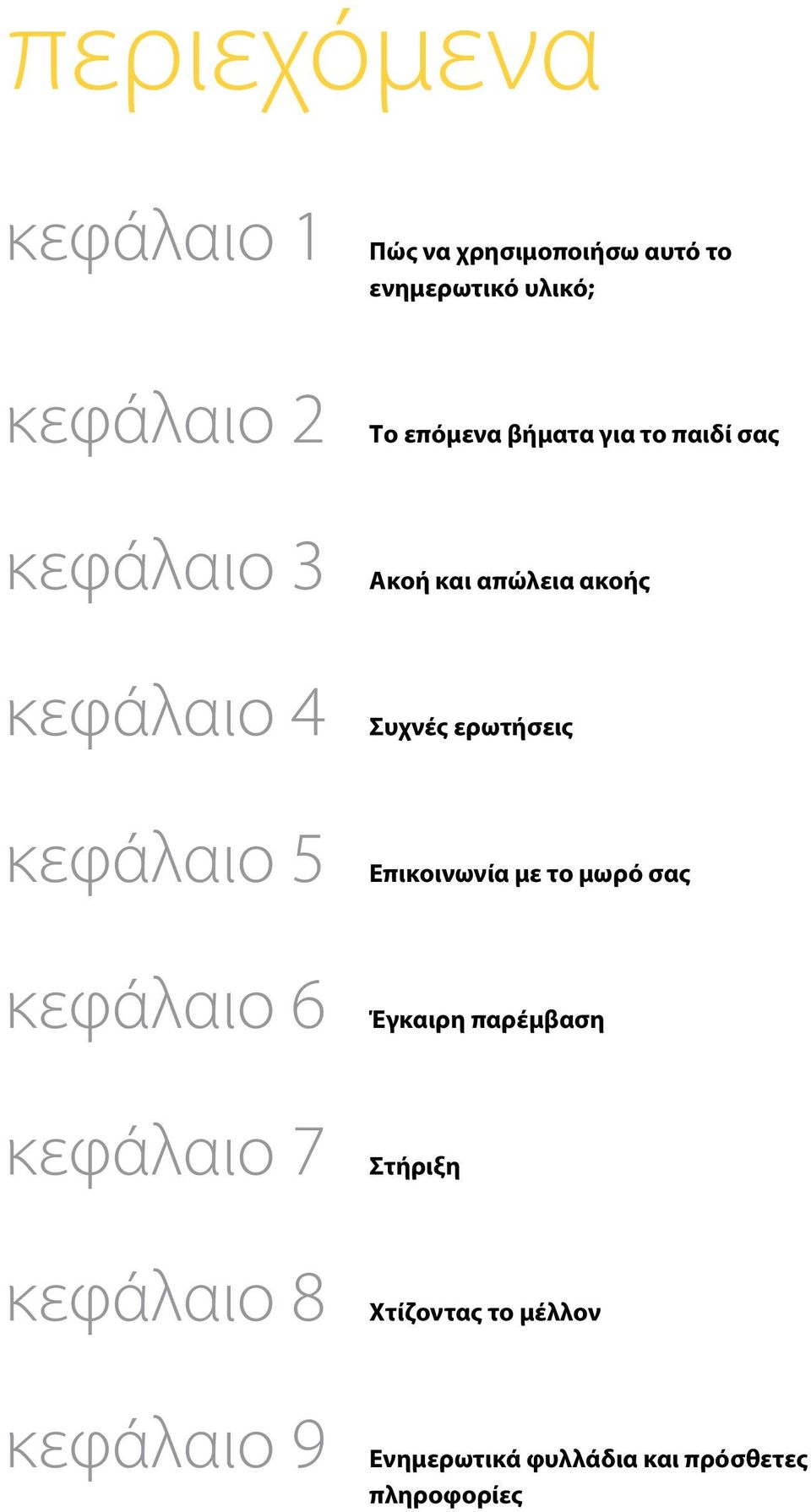 ερωτήσεις κεφάλαιο 5 Επικοινωνία με το μωρό σας κεφάλαιο 6 Έγκαιρη παρέμβαση κεφάλαιο 7