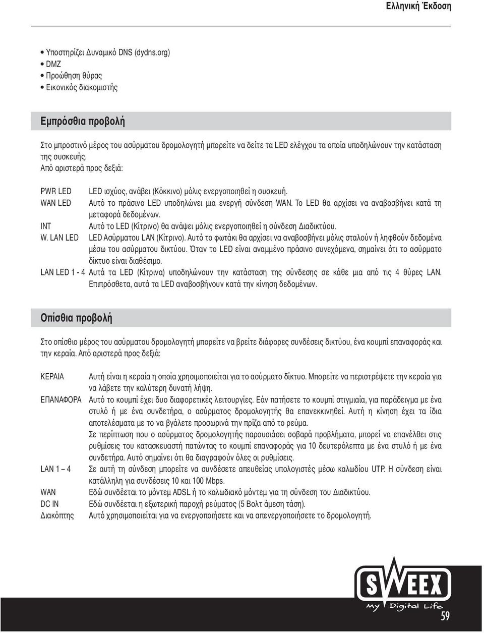 Από αριστερά προς δεξιά: PWR LED LED ισχύος, ανάβει (Κόκκινο) μόλις ενεργοποιηθεί η συσκευή. WAN LED Αυτό το πράσινο LED υποδηλώνει μια ενεργή σύνδεση WAN.