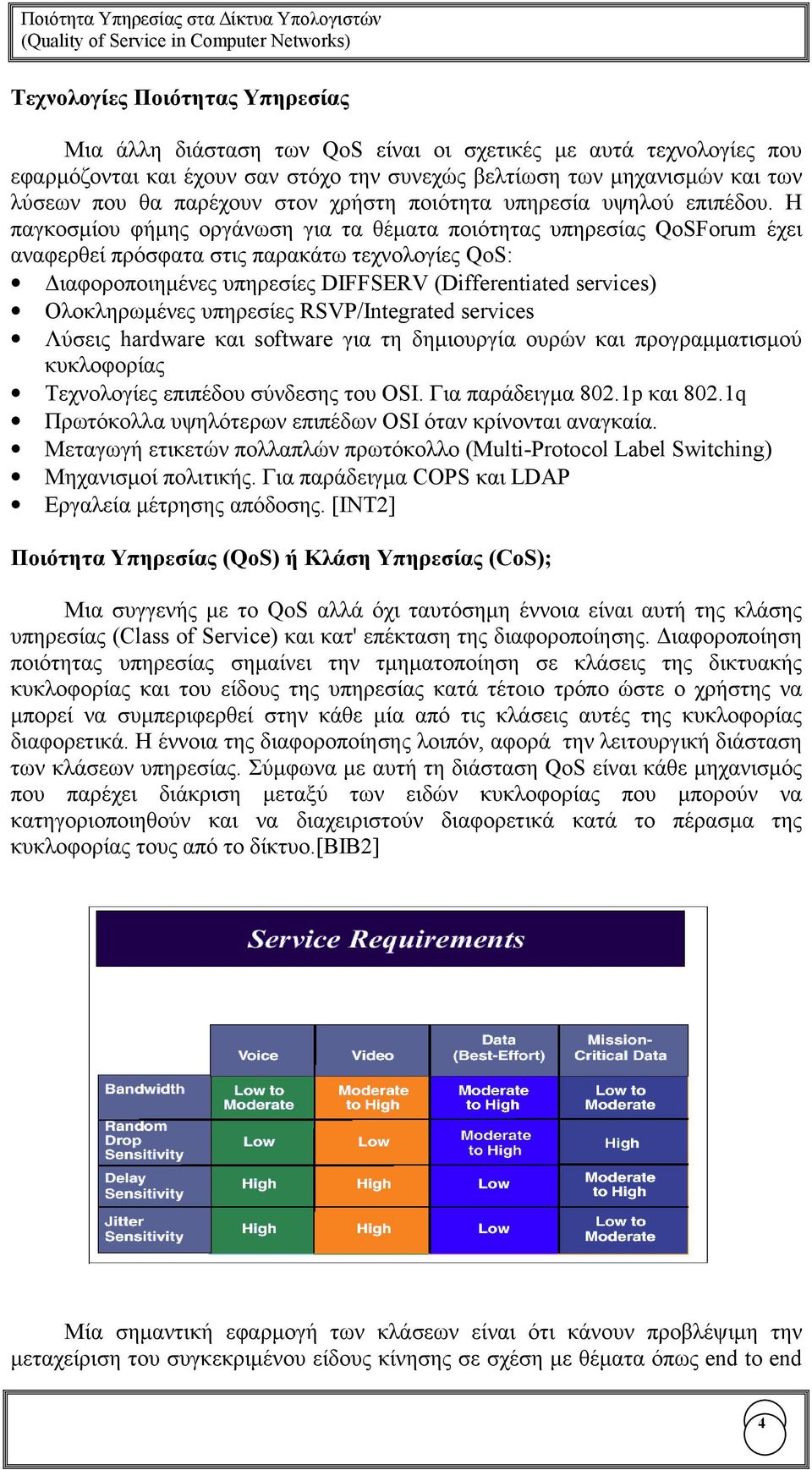 Η παγκοσµίου φήµης οργάνωση για τα θέµατα ποιότητας υπηρεσίας QoSForum έχει αναφερθεί πρόσφατα στις παρακάτω τεχνολογίες QoS: ιαφοροποιηµένες υπηρεσίες DIFFSERV (Differentiated services)