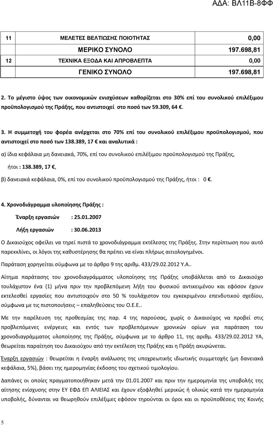 389, 17 και αναλυτικά : α) ίδια κεφάλαια μη δανειακά, 70%, επί του συνολικού επιλέξιμου προϋπολογισμού της Πράξης, ήτοι : 138.