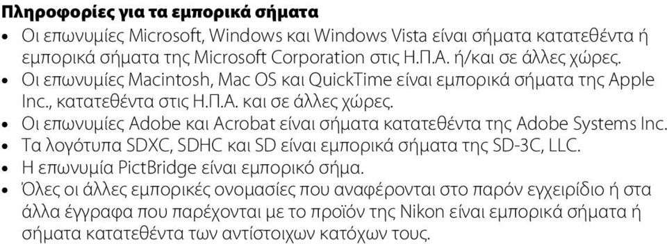 Οι επωνυμίες Adobe και Acrobat είναι σήματα κατατεθέντα της Adobe Systems Inc. Τα λογότυπα SDXC, SDHC και SD είναι εμπορικά σήματα της SD-3C, LLC.