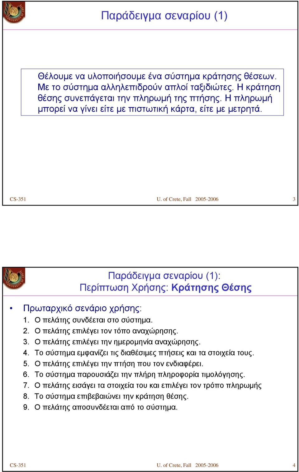 Ο πελάτης συνδέεται στο σύστημα. 2. Ο πελάτης επιλέγει τον τόπο αναχώρησης. 3. Ο πελάτης επιλέγει την ημερομηνία αναχώρησης. 4. Το σύστημα εμφανίζει τις διαθέσιμες πτήσεις και τα στοιχεία τους. 5.