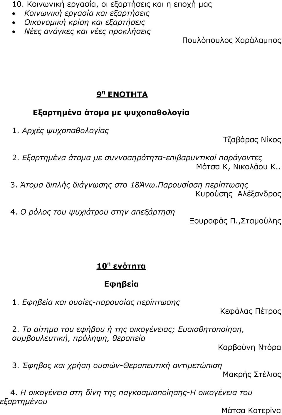 Παρουσίαση περίπτωσης Κυρούσης Αλέξανδρος 4. Ο ρόλος του ψυχιάτρου στην απεξάρτηση Ξουραφάς Π.,Σταμούλης 10 η ενότητα Εφηβεία 1. Εφηβεία και ουσίες-παρουσίας περίπτωσης Κεφάλας Πέτρος 2.