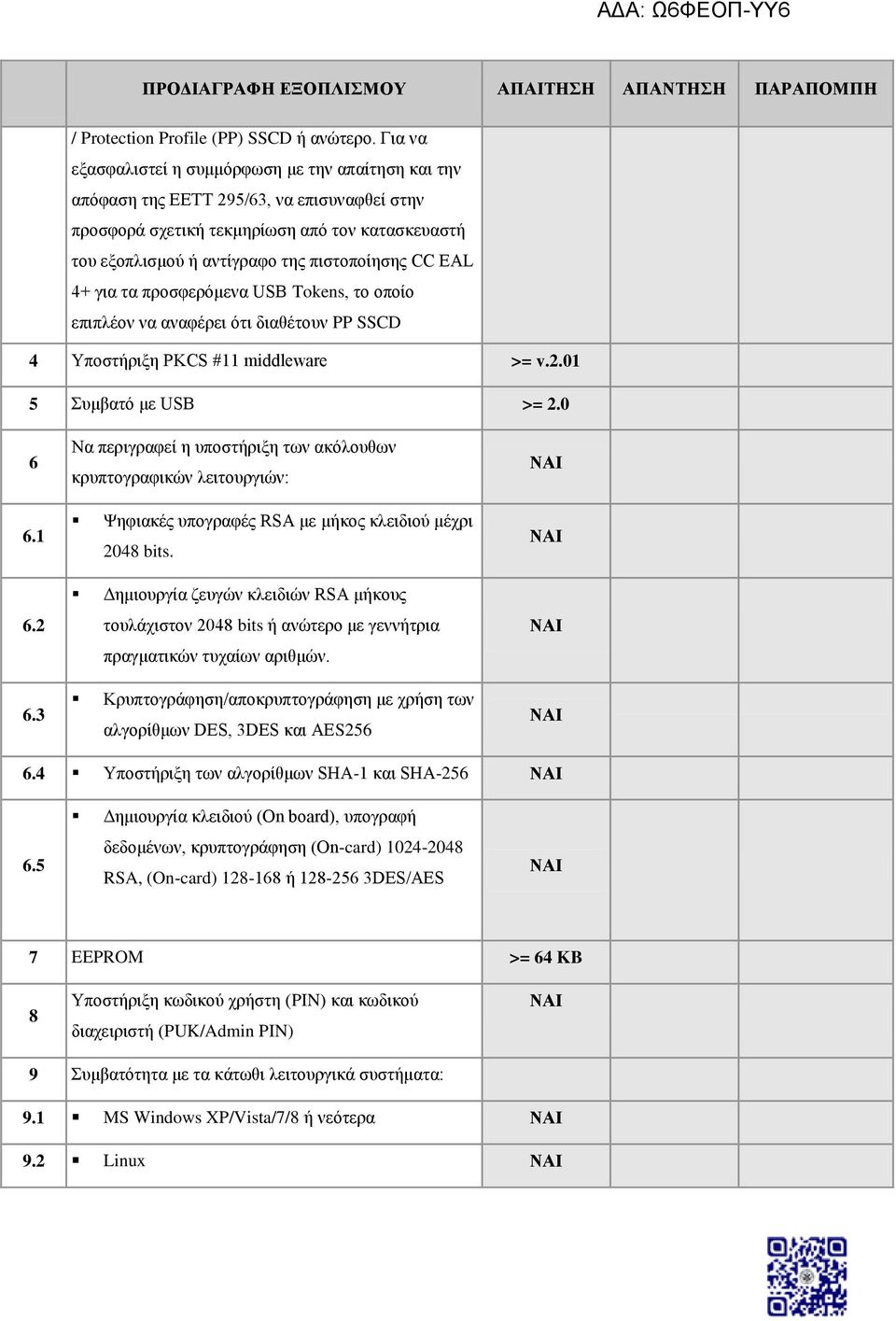 EAL 4+ για τα προσφερόμενα USB Tokens, το οποίο επιπλέον να αναφέρει ότι διαθέτουν PP SSCD 4 Υποστήριξη PKCS #11 middleware >= v.2.01 5 Συμβατό με USB >= 2.0 6 6.1 6.2 6.