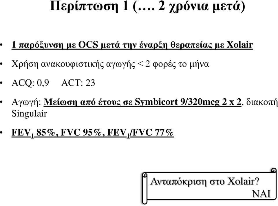 Χρήση ανακουφιστικής αγωγής < 2 φορές το μήνα ACQ: 0,9 ACT: 23 Αγωγή: