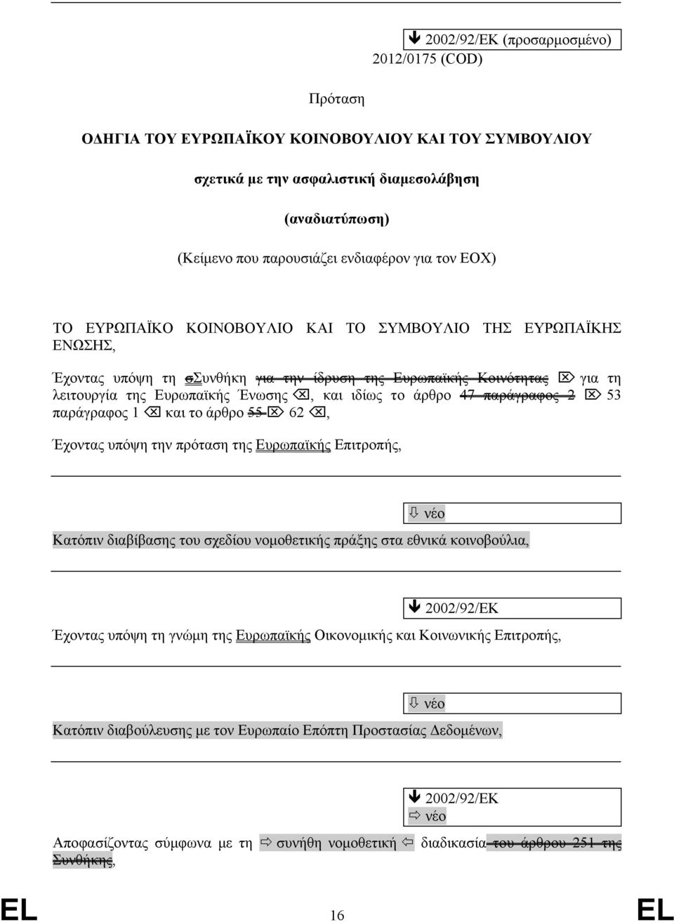 άρθρο 47 παράγραφος 2 53 παράγραφος 1 και το άρθρο 55 62, Έχοντας υπόψη την πρόταση της Ευρωπαϊκής Επιτροπής, Κατόπιν διαβίβασης του σχεδίου νομοθετικής πράξης στα εθνικά κοινοβούλια, 2002/92/ΕΚ