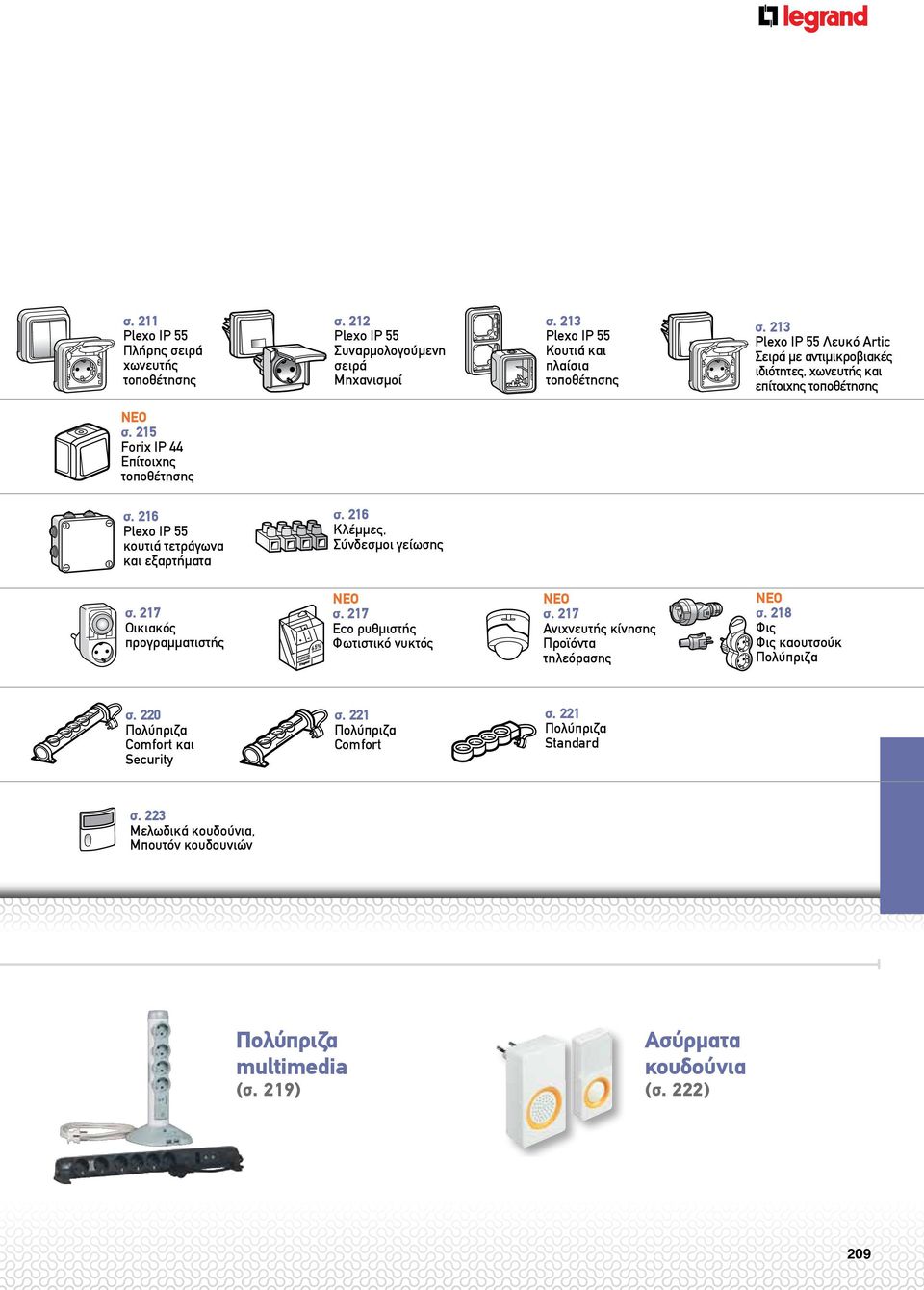217 Ανιχνευτής κίνησης Προϊόντα τηλεόρασης NEO σ. 218 Φις Φις καουτσούκ Πολύπριζα σ. 221 Πολύπριζα Comfort σ. 221 Πολύπριζα Standard NEO σ. 215 Forix IP 44 Eπίτοιχης τοποθέτησης σ.