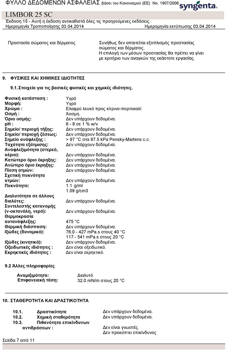 Όριο οσμής: ph : 6-8 σε 1 % w/v Σημείο/ περιοχή τήξης: Σημείο/ περιοχή ζέσεως: Σημείο ανάφλεξης : > 97 C στα 97.5 kpa Pensky-Martens c.