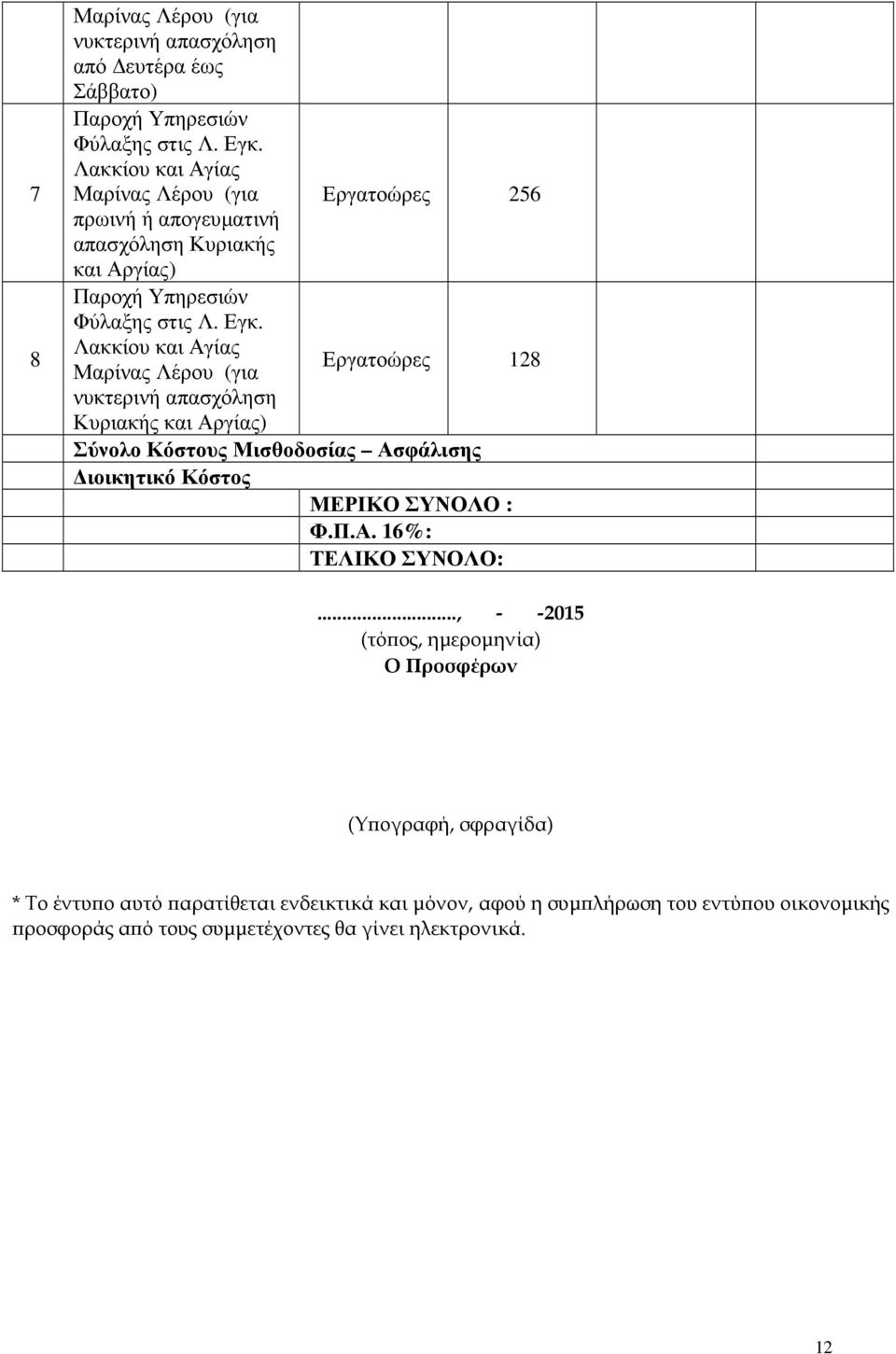 Λακκίου και Αγίας Μαρίνας Λέρου (για Εργατοώρες 128 νυκτερινή απασχόληση Κυριακής και Αργίας) Σύνολο Κόστους Μισθοδοσίας Ασφάλισης ιοικητικό Κόστος ΜΕΡΙΚΟ