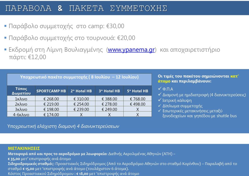00 2κλινο 219.00 254.00 278.00 498.00 3κλινο 198.00 239.00 249.00 X 4-6κλινο 174.00 X X X Οι τιμές του πακέτου σημειώνονται κατ άτομο και περιλαμβάνουν: Φ.Π.