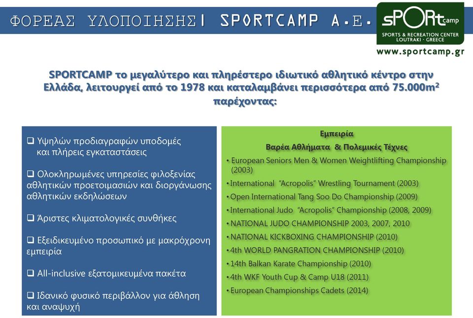 κλιματολογικές συνθήκες Εξειδικευμένο προσωπικό με μακρόχρονη εμπειρία Αll-inclusive εξατομικευμένα πακέτα Ιδανικό φυσικό περιβάλλον για άθληση και αναψυχή Εμπειρία Βαρέα Αθλήματα & Πολεμικές Τέχνες