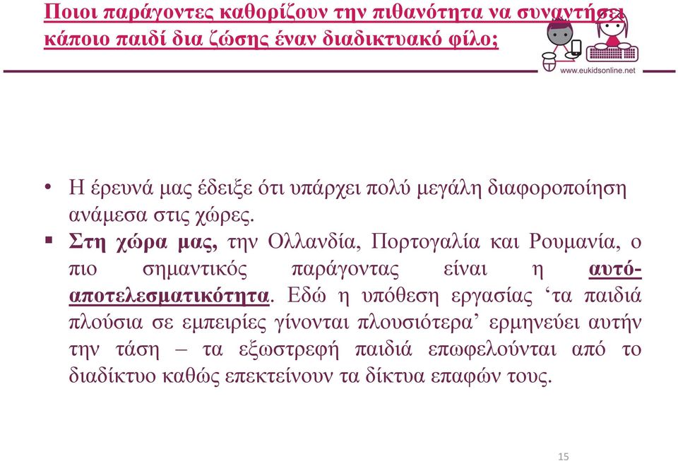 Στη χώρα μας, την Ολλανδία, Πορτογαλία και Ρουμανία, ο πιο σημαντικός παράγοντας είναι η αυτόαποτελεσματικότητα.
