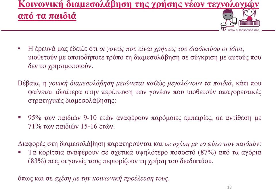 Βέβαια, η γονική διαμεσολάβηση μειώνεται καθώς μεγαλώνουν τα παιδιά, κάτι που φαίνεται ιδιαίτερα στην περίπτωση των γονέων που υιοθετούν απαγορευτικές στρατηγικές διαμεσολάβησης: 95% των