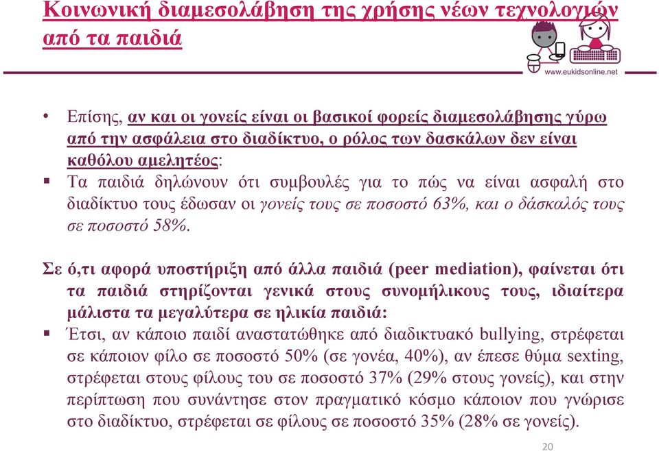 Σε ό,τι αφορά υποστήριξη από άλλα παιδιά (peer mediation), φαίνεται ότι τα παιδιά στηρίζονται γενικά στους συνομήλικους τους, ιδιαίτερα μάλισταταμεγαλύτερασεηλικίαπαιδιά: Έτσι, αν κάποιο παιδί
