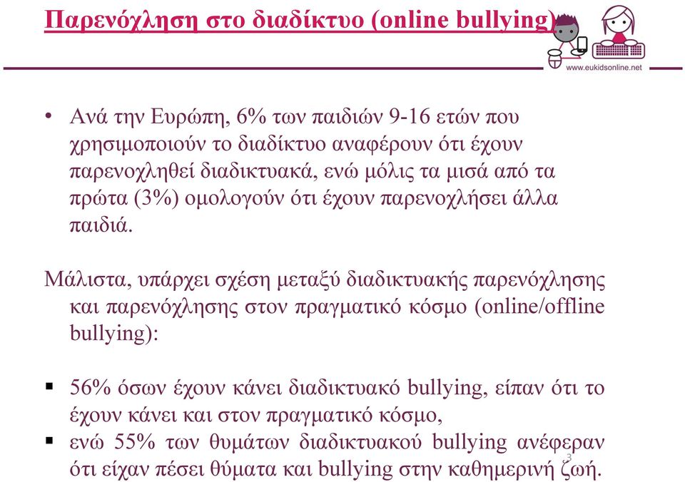 Μάλιστα, υπάρχει σχέση μεταξύ διαδικτυακής παρενόχλησης και παρενόχλησης στον πραγματικό κόσμο (online/offline bullying): 56% όσων έχουν κάνει