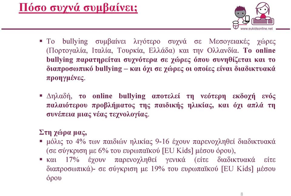 Δηλαδή, το online bullying αποτελεί τη νεότερη εκδοχή ενός παλαιότερου προβλήματος της παιδικής ηλικίας, και όχι απλά τη συνέπεια μιας νέας τεχνολογίας.