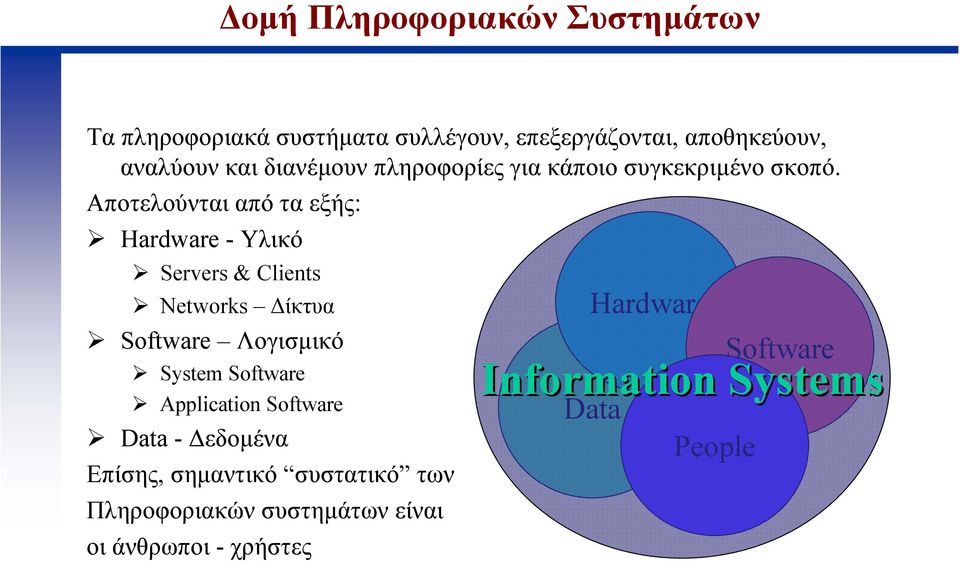 Αποτελούνται από τα εξής: Hardware - Υλικό Servers & Clients Networks ίκτυα Software Λογισµικό System Software