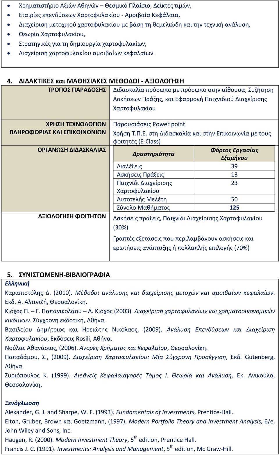 ΔΙΔΑΚΤΙΚΕΣ και ΜΑΘΗΣΙΑΚΕΣ ΜΕΘΟΔΟΙ - ΑΞΙΟΛΟΓΗΣΗ ΤΡΟΠΟΣ ΠΑΡΑΔΟΣΗΣ Διδασκαλία πρόσωπο με πρόσωπο στην αίθουσα, Συζήτηση Ασκήσεων Πράξης, και Εφαρμογή Παιχνιδιού Διαχείρισης Χαρτοφυλακίου ΧΡΗΣΗ