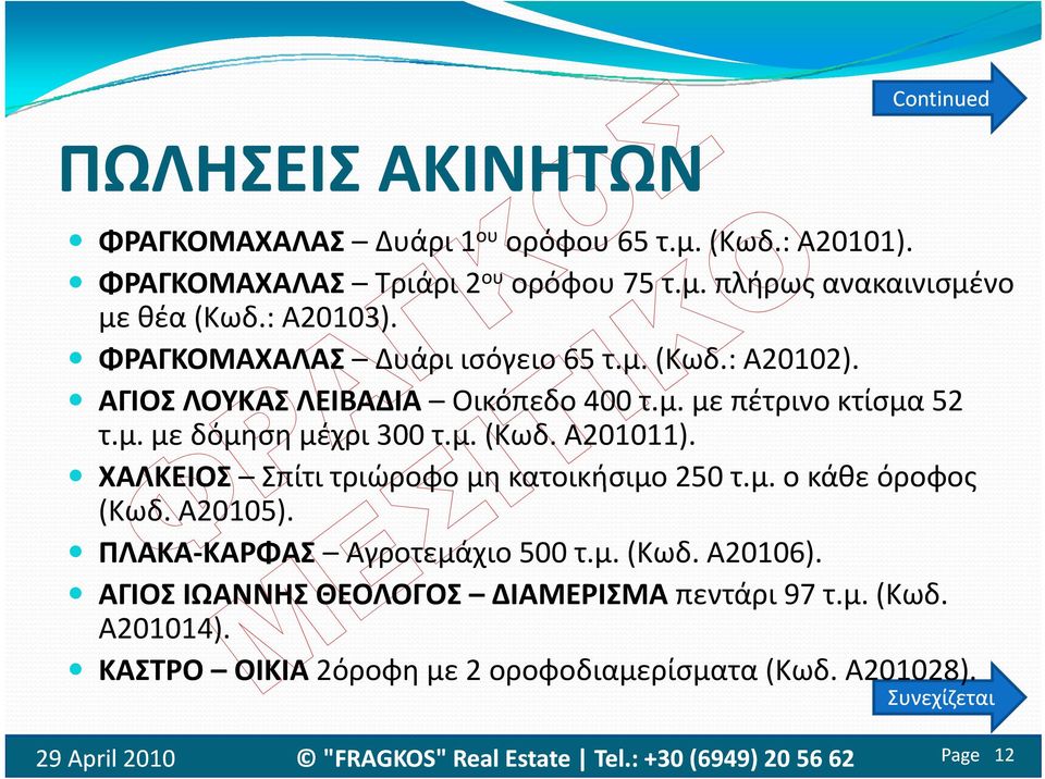 μ. (Κωδ. Α201011). ΧΑΛΚΕΙΟΣ Σπίτι τριώροφο μη κατοικήσιμο 250 τ.μ. οκάθεόροφος (Κωδ. Α20105). ΠΛΑΚΑ ΚΑΡΦΑΣ Αγροτεμάχιο 500 τ.μ. (Κωδ. A20106).