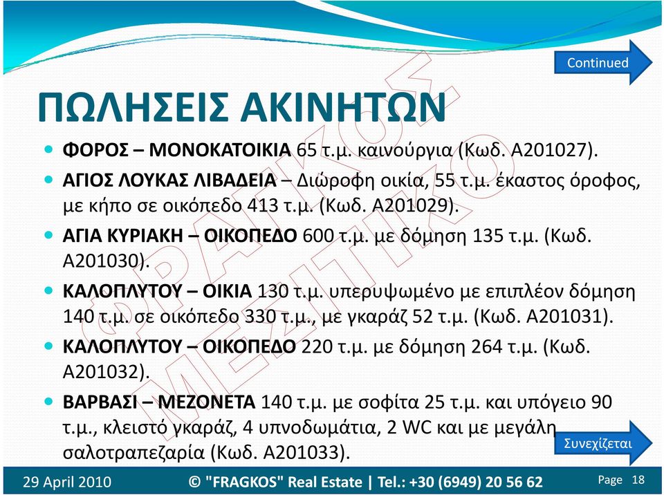 μ. σε οικόπεδο 330 τ.μ., με γκαράζ 52 τ.μ. (Κωδ. δ Α201031). ) ΚΑΛΟΠΛΥΤΟΥ ΟΙΚΟΠΕΔΟ 220 τ.μ. με δόμηση 264 τ.μ. (Κωδ. Α201032).