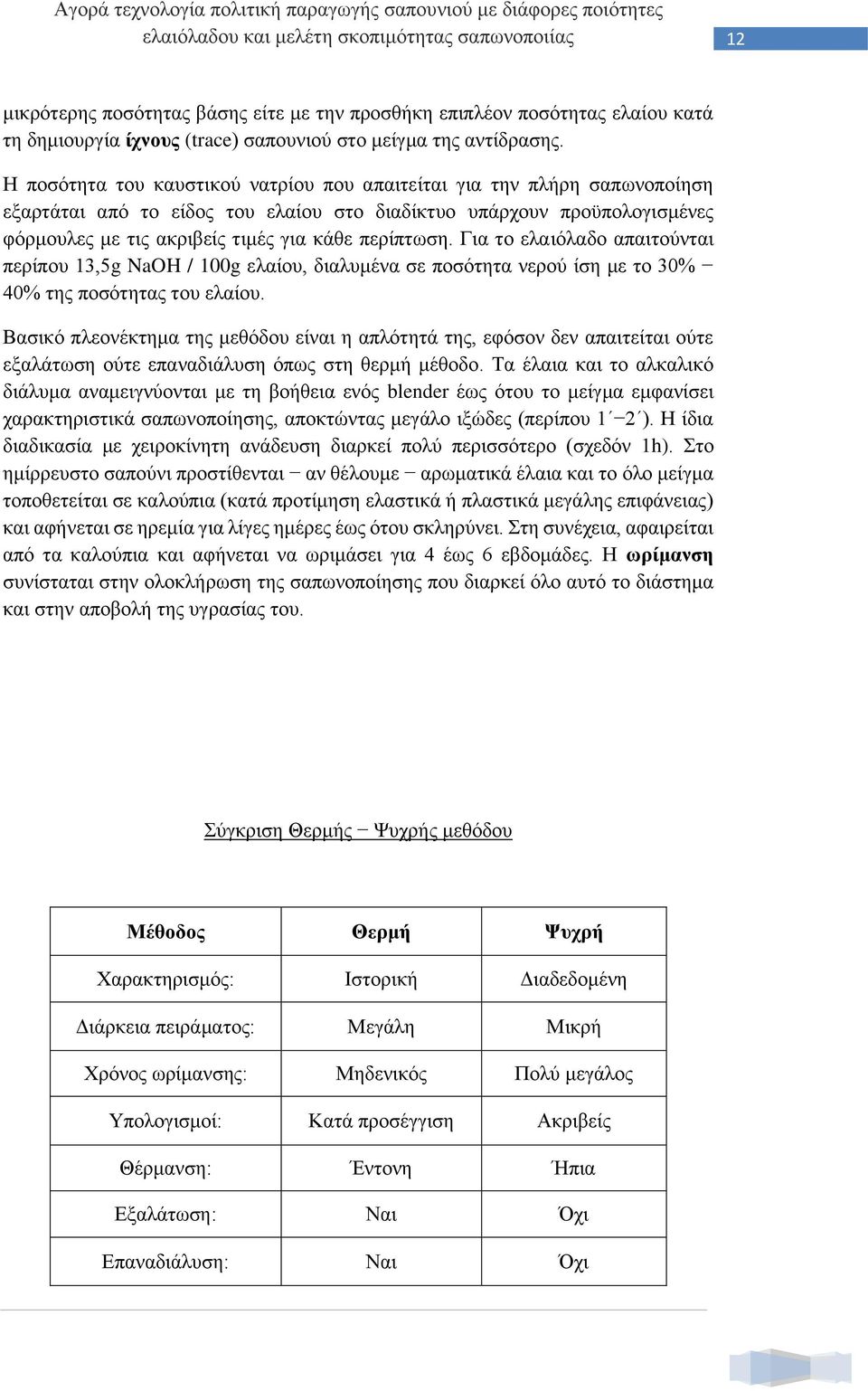 Για το ελαιόλαδο απαιτούνται περίπου 13,5g NaOH / 100g ελαίου, διαλυμένα σε ποσότητα νερού ίση με το 30% 40% της ποσότητας του ελαίου.