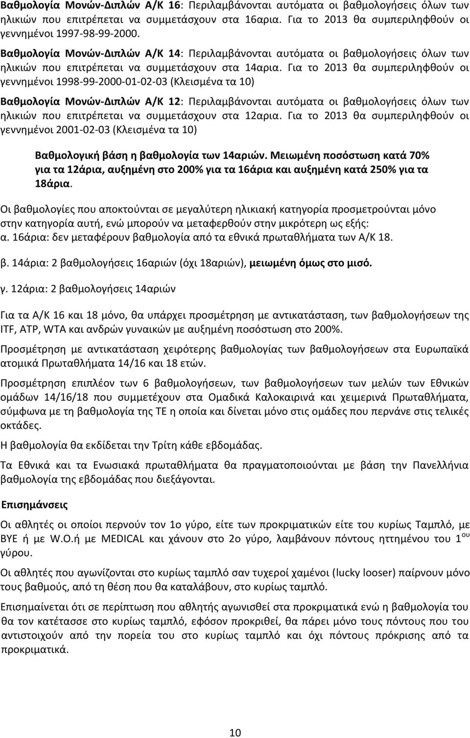 Για το 2013 θα συμπεριληφθούν οι γεννημένοι 1998-99-2000-01-02-03 (Κλεισμένα τα 10) Βαθμολογία Μονών-Διπλών Α/Κ 12: Περιλαμβάνονται αυτόματα οι βαθμολογήσεις όλων των ηλικιών που επιτρέπεται να