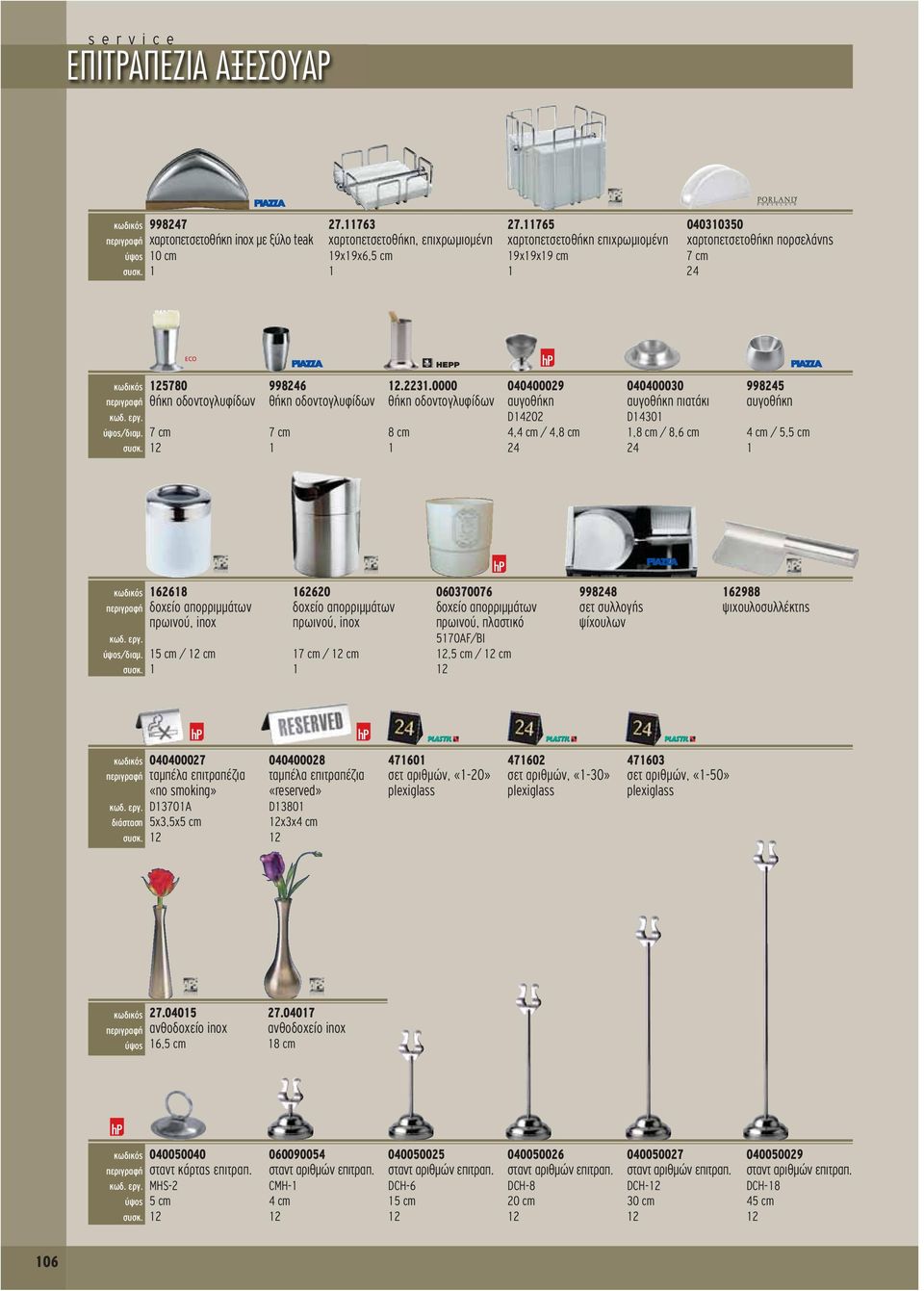 0000 θήκη οδοντογλυφίδων 8 cm 040400029 αυγοθήκη D4202 4,4 cm / 4,8 cm 040400030 αυγοθήκη πιατάκι D430,8 cm / 8, cm 9985 αυγοθήκη 4 cm / 5,5 cm ύψος/διαμ. συσκ.
