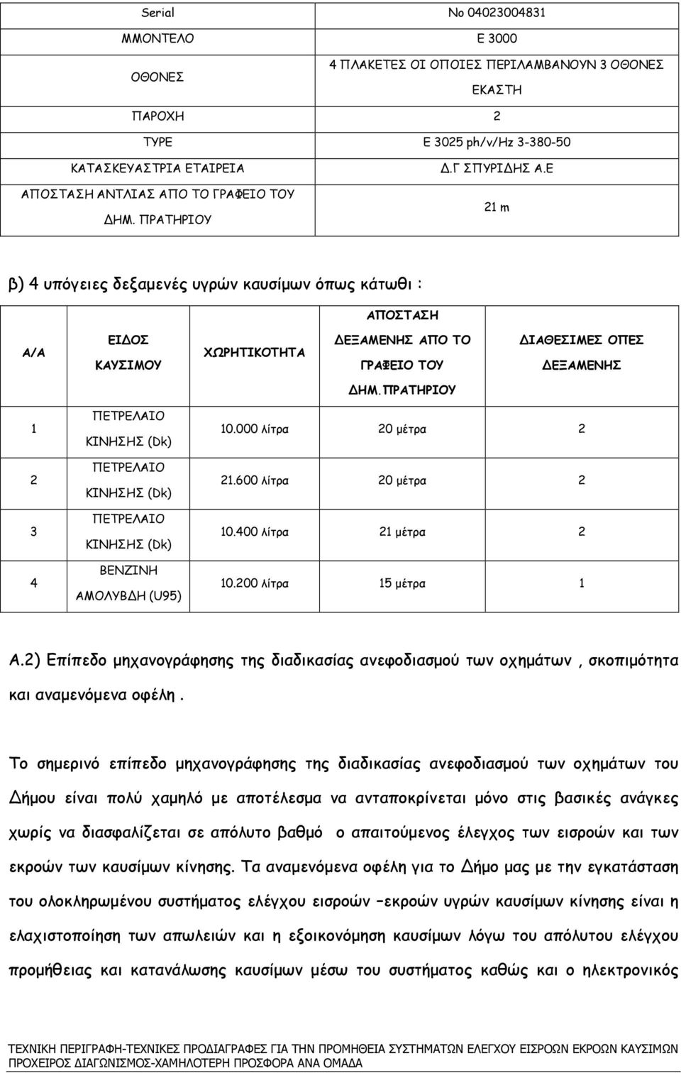 ΠΡΑΤΗΡΙΟΥ 1 2 3 4 ΠΕΤΡΕΛΑΙΟ ΚΙΝΗΣΗΣ (Dk) ΠΕΤΡΕΛΑΙΟ ΚΙΝΗΣΗΣ (Dk) ΠΕΤΡΕΛΑΙΟ ΚΙΝΗΣΗΣ (Dk) ΒΕΝΖΙΝΗ ΑΜΟΛΥΒ Η (U95) 10.000 λίτρα 20 µέτρα 2 21.600 λίτρα 20 µέτρα 2 10.400 λίτρα 21 µέτρα 2 10.