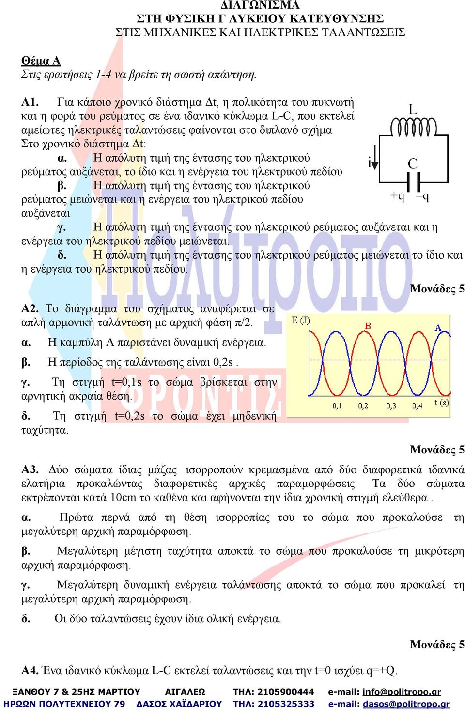 διάστηµα t: α. Η απόλυτη τιµή της έντασης του ηλεκτρικού ρεύµατος αυξάνεται, το ίδιο και η ενέργεια του ηλεκτρικού πεδίου β.